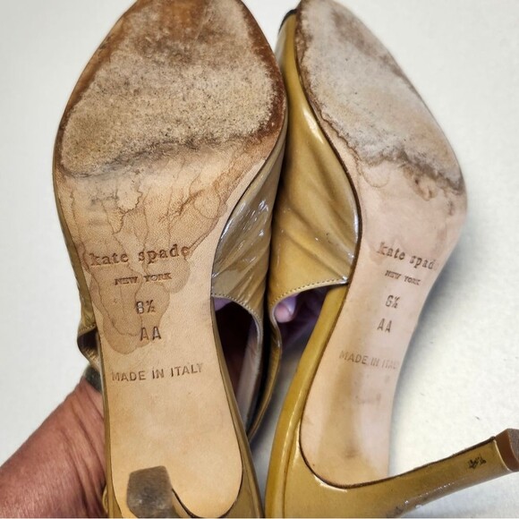 Kate Spade Camel Brown Black Patent Leather Peep Toe Stiletto Heels, 8.5 AA - Picture 6 of 9